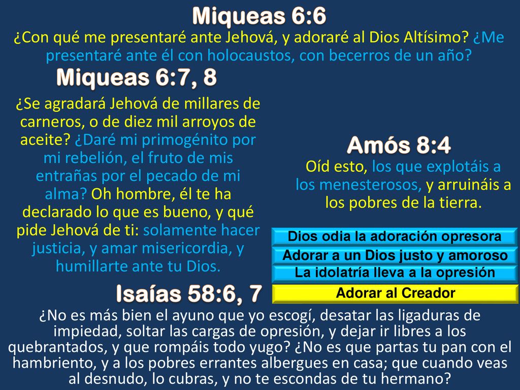Miqueas 6:6 Miqueas 6:7, 8 Amós 8:4 Isaías 58:6, 7