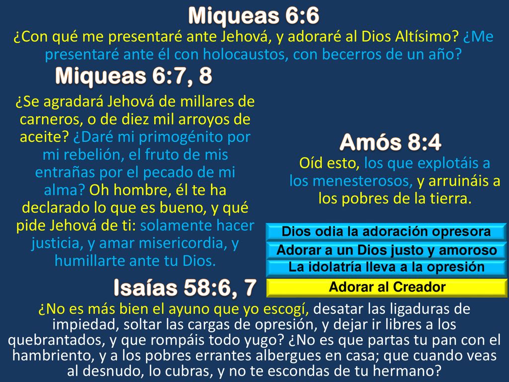 Miqueas 6:6 Miqueas 6:7, 8 Amós 8:4 Isaías 58:6, 7