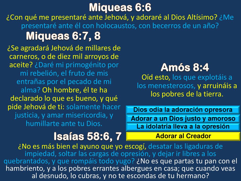 Miqueas 6:6 Miqueas 6:7, 8 Amós 8:4 Isaías 58:6, 7