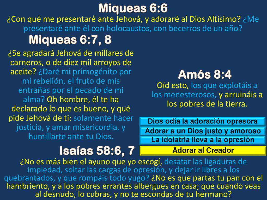 Miqueas 6:6 Miqueas 6:7, 8 Amós 8:4 Isaías 58:6, 7
