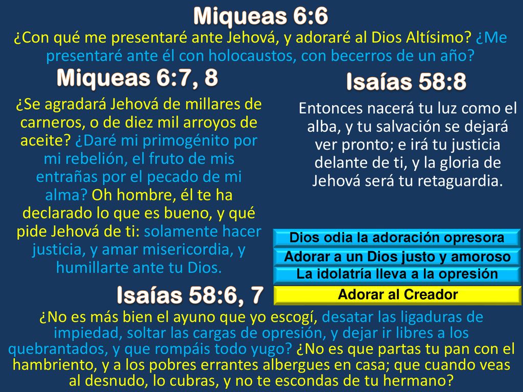 Miqueas 6:6 Miqueas 6:7, 8 Isaías 58:8 Isaías 58:6, 7