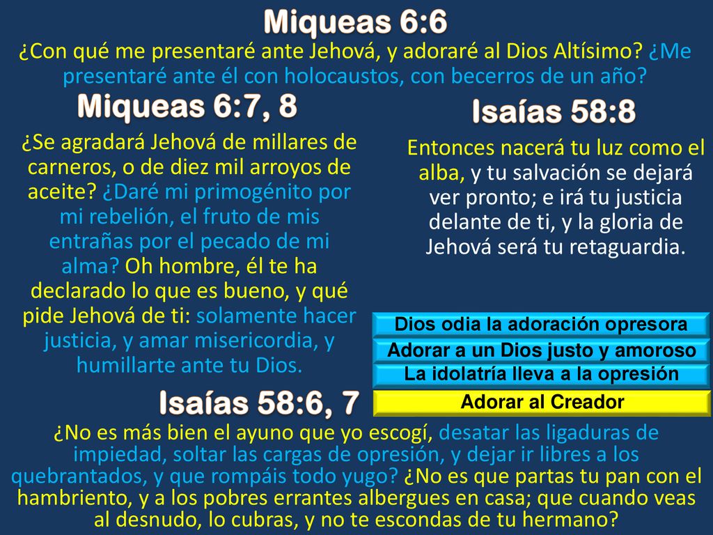 Miqueas 6:6 Miqueas 6:7, 8 Isaías 58:8 Isaías 58:6, 7