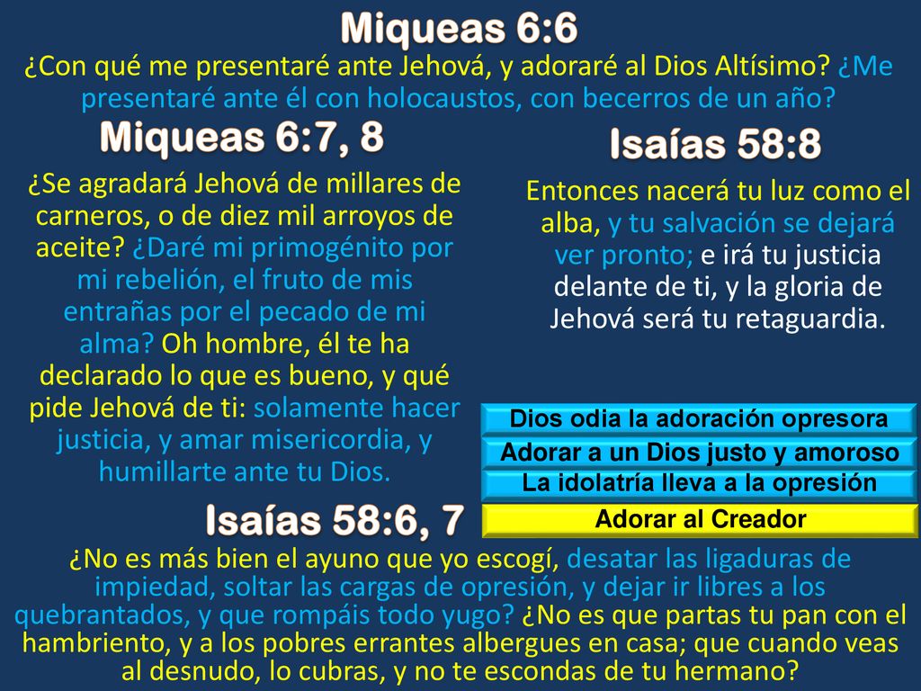 Miqueas 6:6 Miqueas 6:7, 8 Isaías 58:8 Isaías 58:6, 7