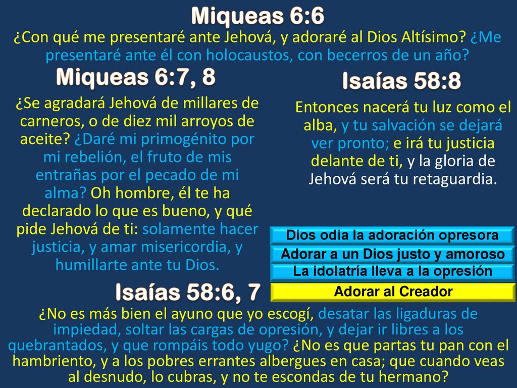 Miqueas 6:6 Miqueas 6:7, 8 Isaías 58:8 Isaías 58:6, 7