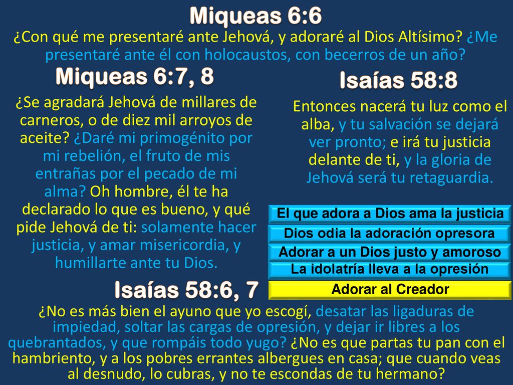 Miqueas 6:6 Miqueas 6:7, 8 Isaías 58:8 Isaías 58:6, 7