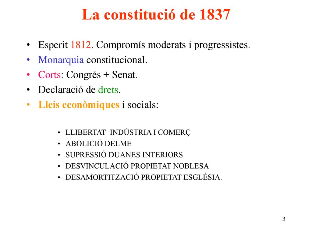 La constitució de 1837 Esperit Compromís moderats i progressistes. Monarquia constitucional.