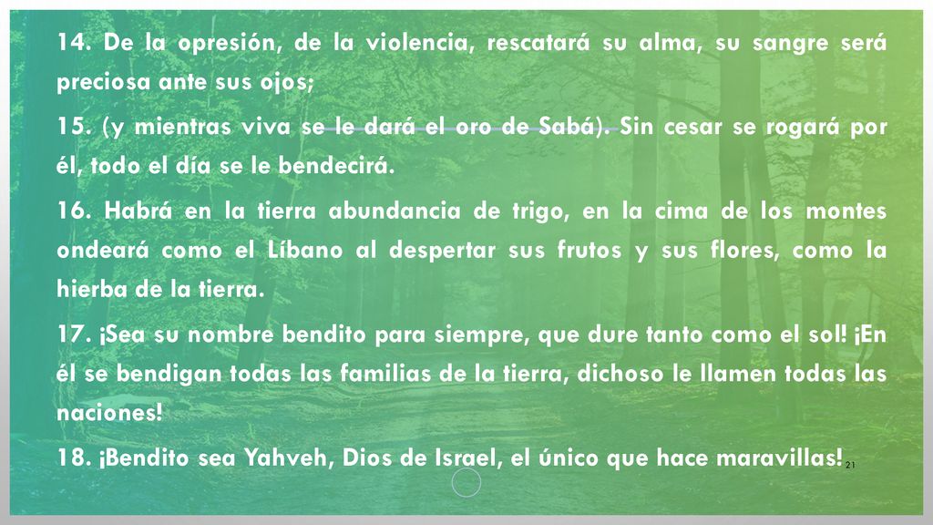14. De la opresión, de la violencia, rescatará su alma, su sangre será preciosa ante sus ojos;