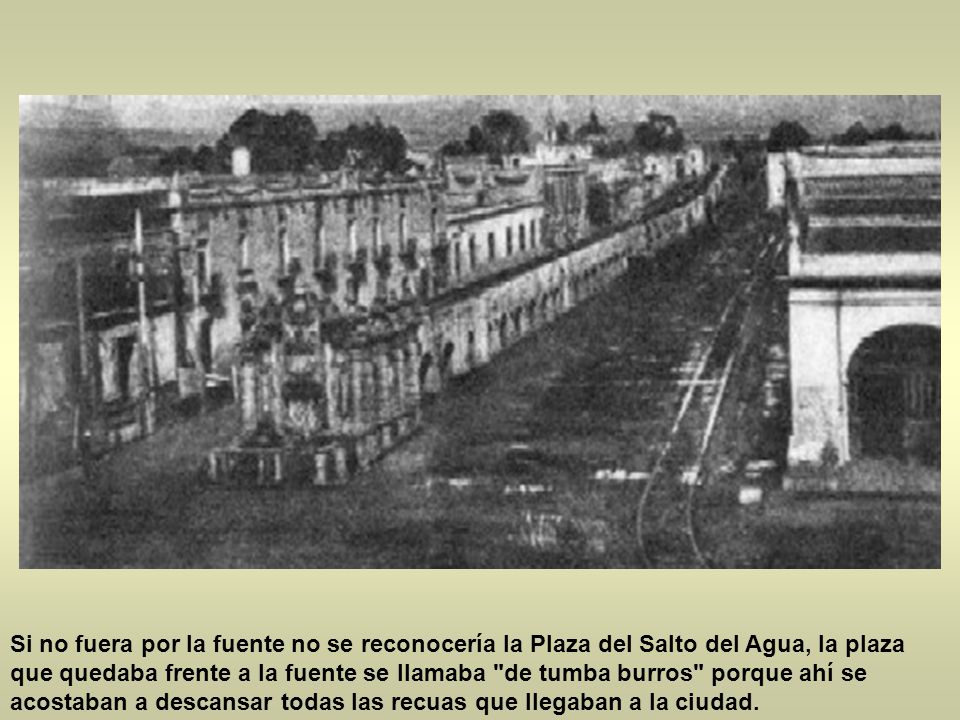 Si no fuera por la fuente no se reconocería la Plaza del Salto del Agua, la plaza que quedaba frente a la fuente se llamaba de tumba burros porque ahí se acostaban a descansar todas las recuas que llegaban a la ciudad.