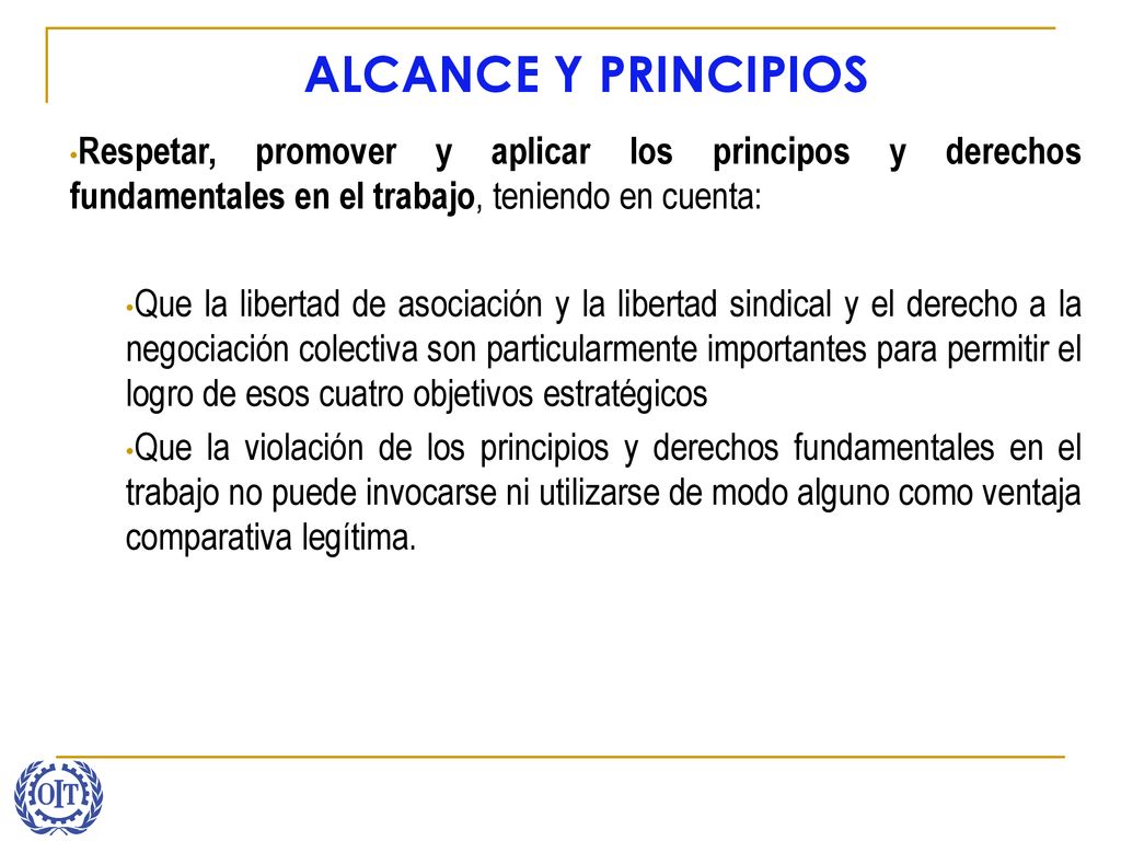 ALCANCE Y PRINCIPIOS Respetar, promover y aplicar los principos y derechos fundamentales en el trabajo, teniendo en cuenta: