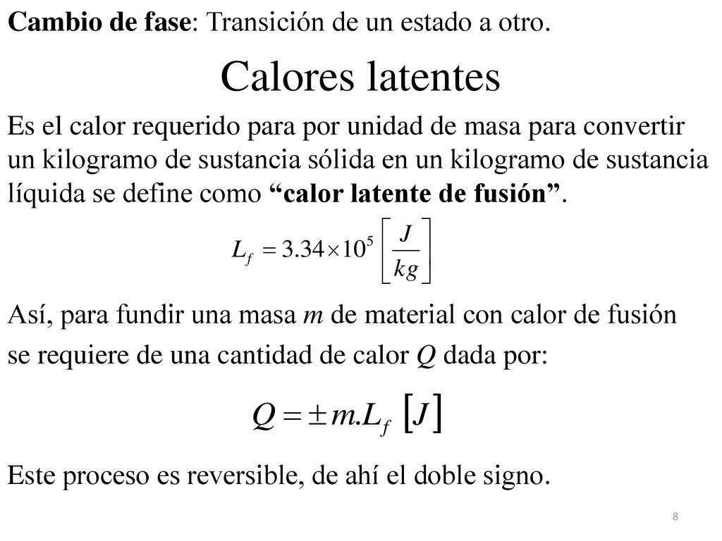 Calores latentes Cambio de fase: Transición de un estado a otro.