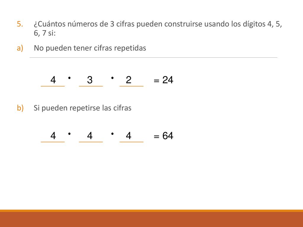 ¿Cuántos números de 3 cifras pueden construirse usando los dígitos 4, 5, 6, 7 si: