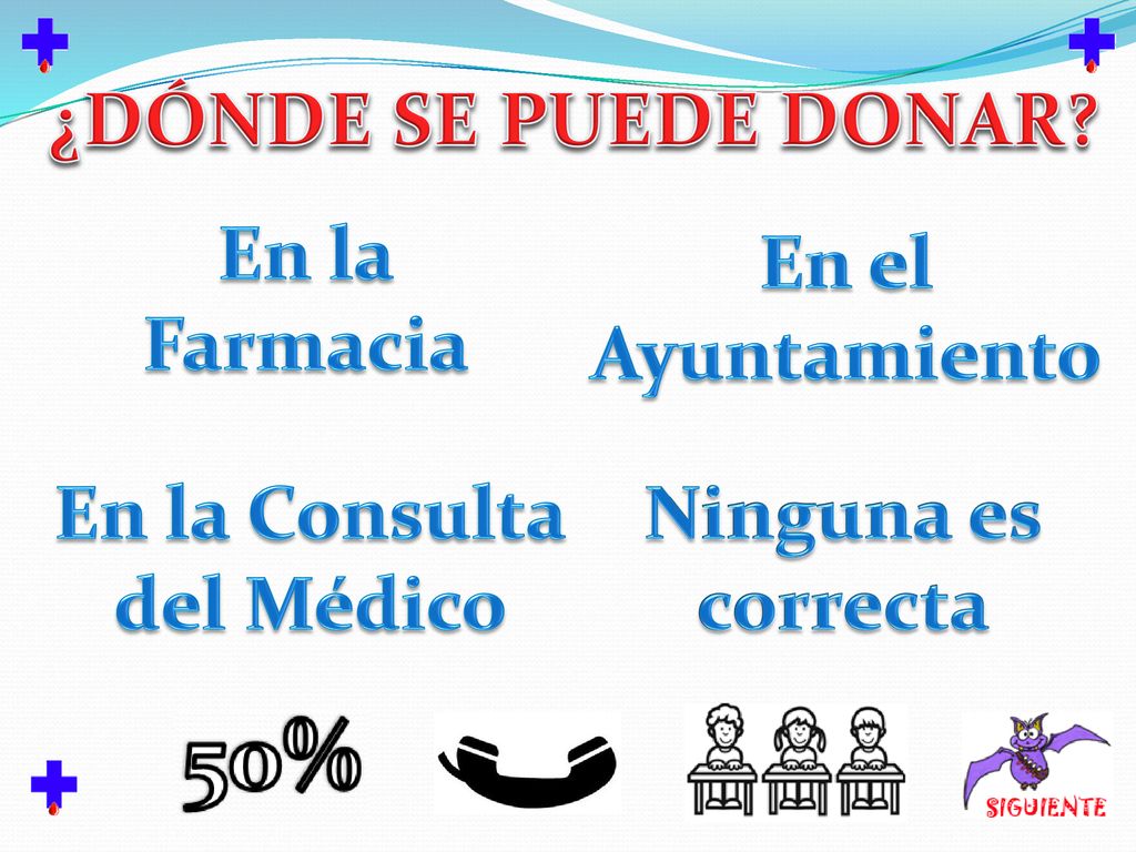 ¿DÓNDE SE PUEDE DONAR En la. Farmacia. En el. Ayuntamiento. En la Consulta. del Médico. Ninguna es.