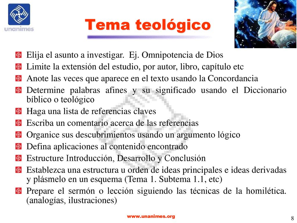 Tema teológico Elija el asunto a investigar. Ej. Omnipotencia de Dios
