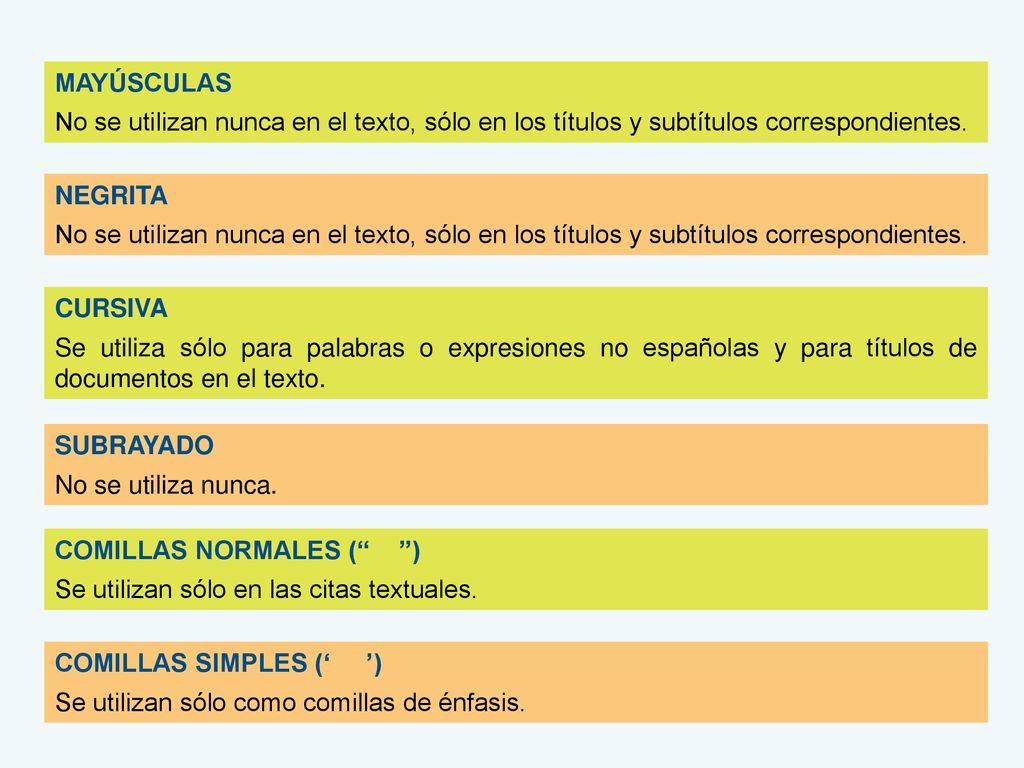 MAYÚSCULAS No se utilizan nunca en el texto, sólo en los títulos y subtítulos correspondientes. NEGRITA.