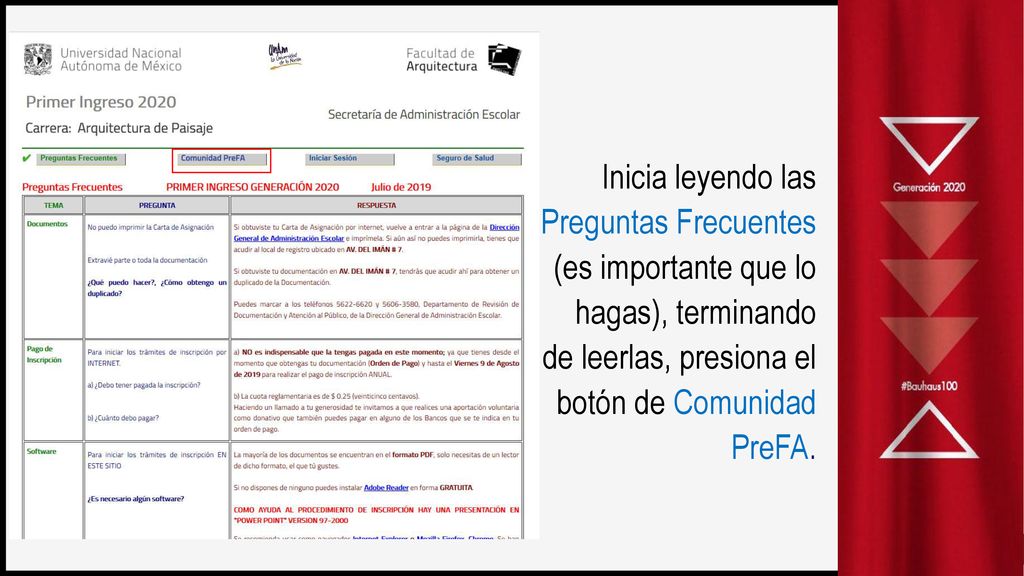 Inicia leyendo las Preguntas Frecuentes (es importante que lo hagas), terminando de leerlas, presiona el botón de Comunidad PreFA.