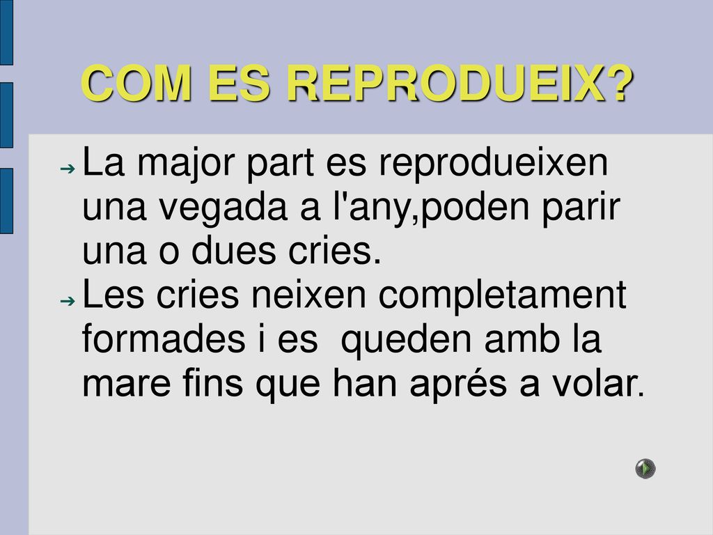 COM ES REPRODUEIX La major part es reprodueixen una vegada a l any,poden parir una o dues cries.