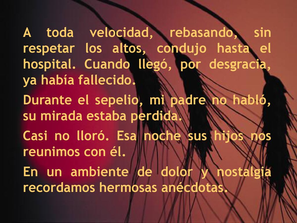 A toda velocidad, rebasando, sin respetar los altos, condujo hasta el hospital. Cuando llegó, por desgracia, ya había fallecido.