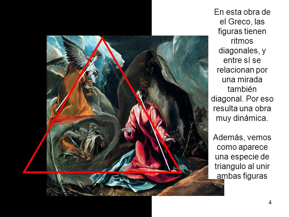 En esta obra de el Greco, las figuras tienen ritmos diagonales, y entre sí se relacionan por una mirada también diagonal. Por eso resulta una obra muy dinámica. Además, vemos como aparece una especie de triangulo al unir ambas figuras