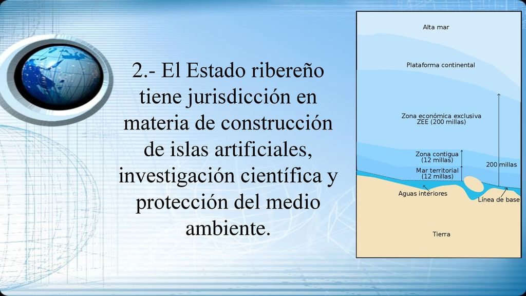 2.- El Estado ribereño tiene jurisdicción en materia de construcción de islas artificiales, investigación científica y protección del medio ambiente.