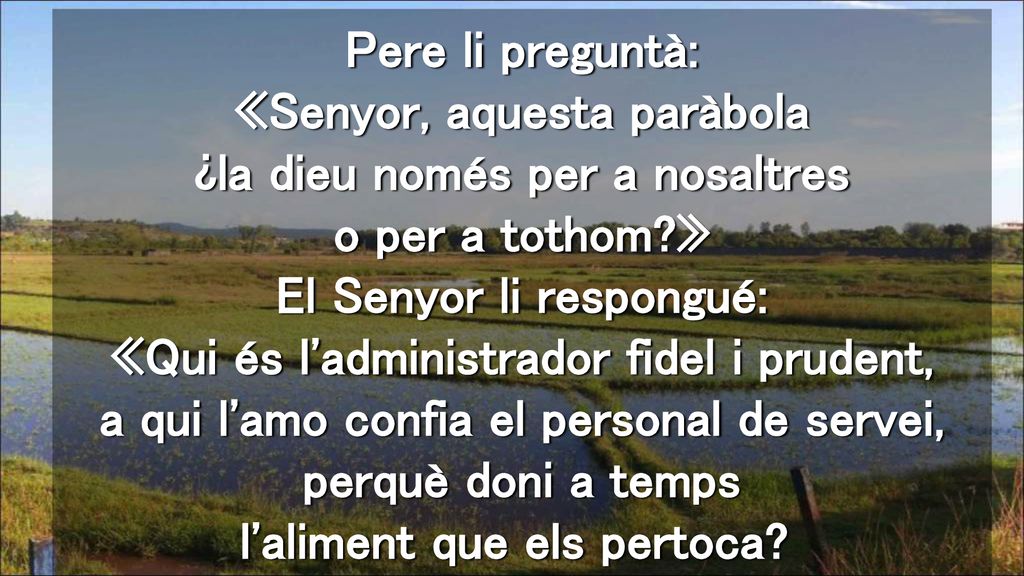 Pere li preguntà: «Senyor, aquesta paràbola ¿la dieu només per a nosaltres o per a tothom » El Senyor li respongué: «Qui és l administrador fidel i prudent, a qui l amo confia el personal de servei, perquè doni a temps l aliment que els pertoca