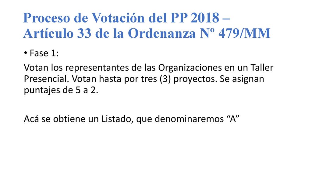 Proceso de Votación del PP 2018 – Artículo 33 de la Ordenanza Nº 479/MM