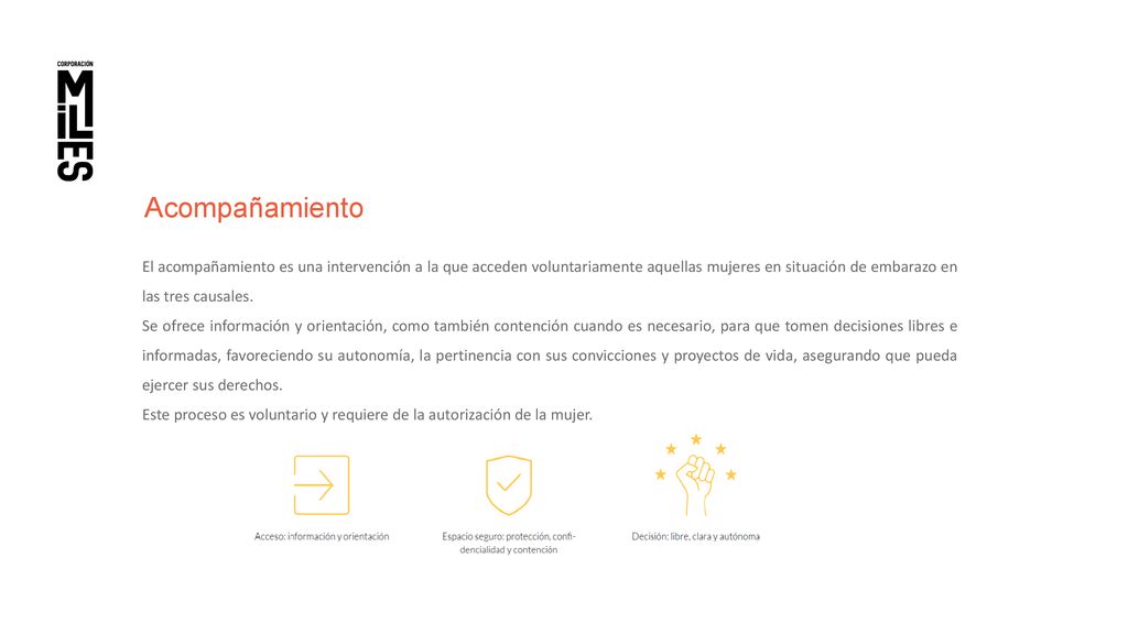Acompañamiento El acompañamiento es una intervención a la que acceden voluntariamente aquellas mujeres en situación de embarazo en las tres causales.