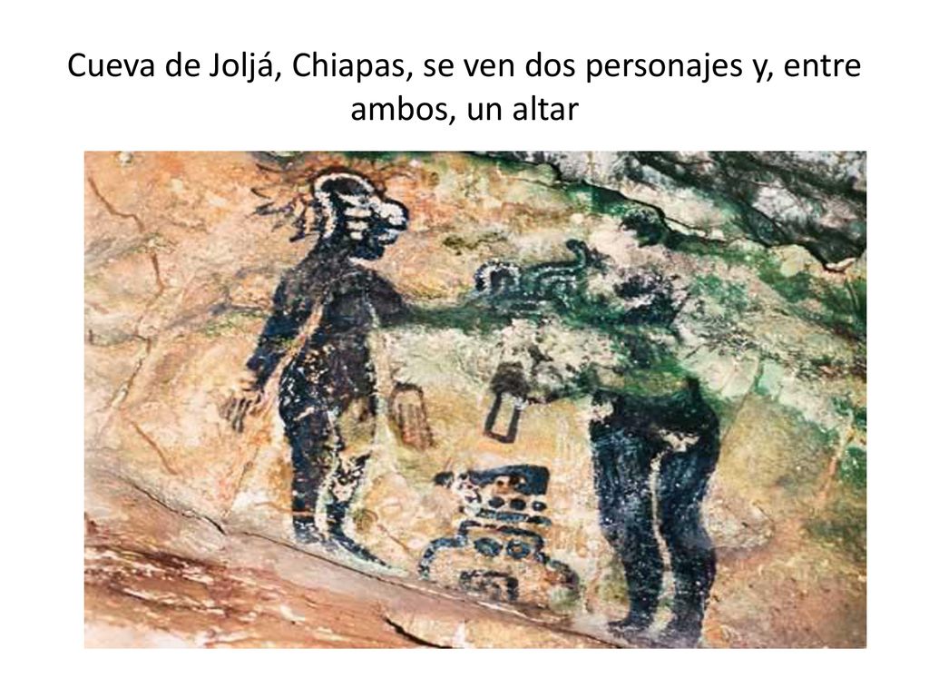 Cueva de Joljá, Chiapas, se ven dos personajes y, entre ambos, un altar