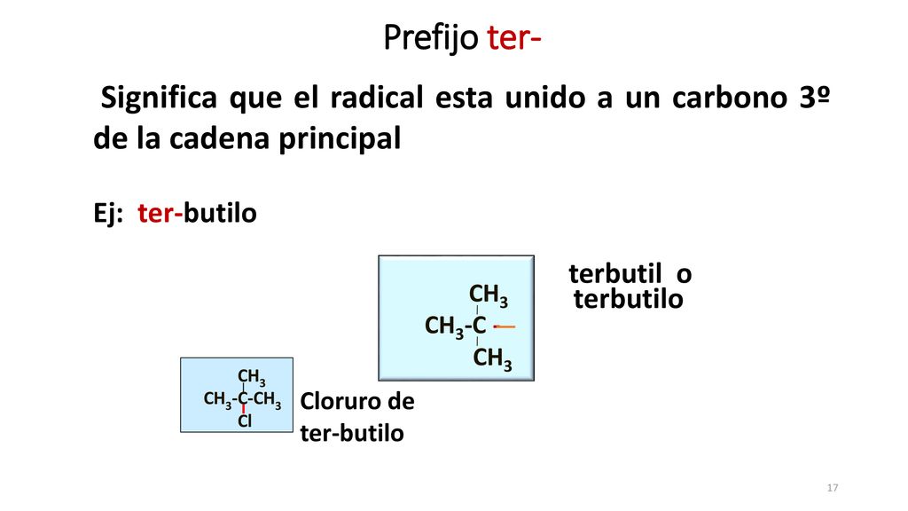 Prefijo ter- Significa que el radical esta unido a un carbono 3º de la cadena principal. Ej: ter-butilo.