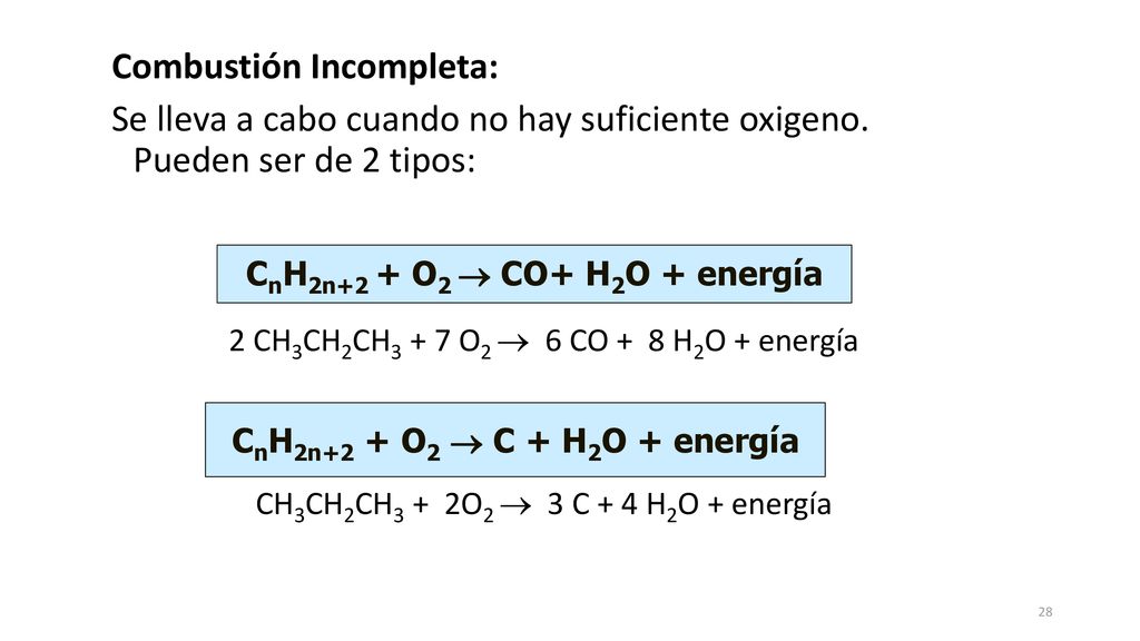 CnH2n+2 + O2  CO+ H2O + energía CnH2n+2 + O2  C + H2O + energía