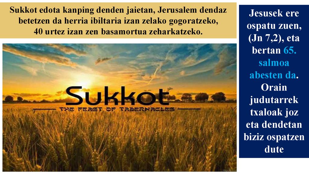 Sukkot edota kanping denden jaietan, Jerusalem dendaz betetzen da herria ibiltaria izan zelako gogoratzeko, 40 urtez izan zen basamortua zeharkatzeko.