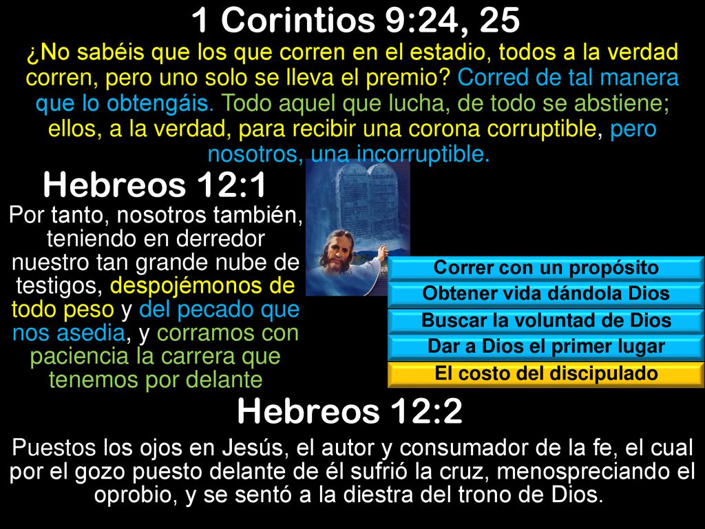 1 Corintios 9:24, 25 Hebreos 12:1 Hebreos 12:2