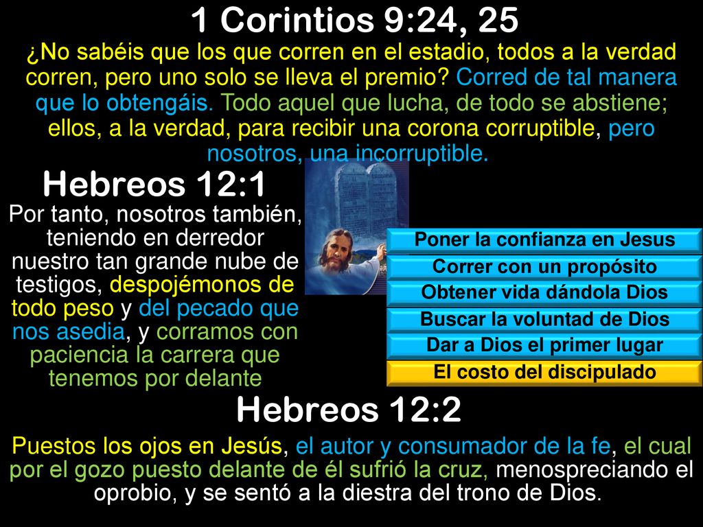 1 Corintios 9:24, 25 Hebreos 12:1 Hebreos 12:2