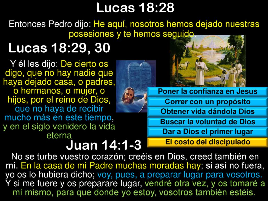 Lucas 18:28 Entonces Pedro dijo: He aquí, nosotros hemos dejado nuestras posesiones y te hemos seguido.