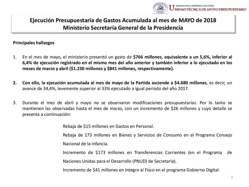 Ejecución Presupuestaria de Gastos Acumulada al mes de MAYO de 2018 Ministerio Secretaría General de la Presidencia