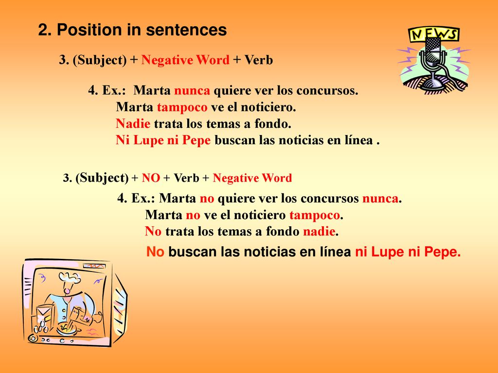 2. Position in sentences 3. (Subject) + Negative Word + Verb