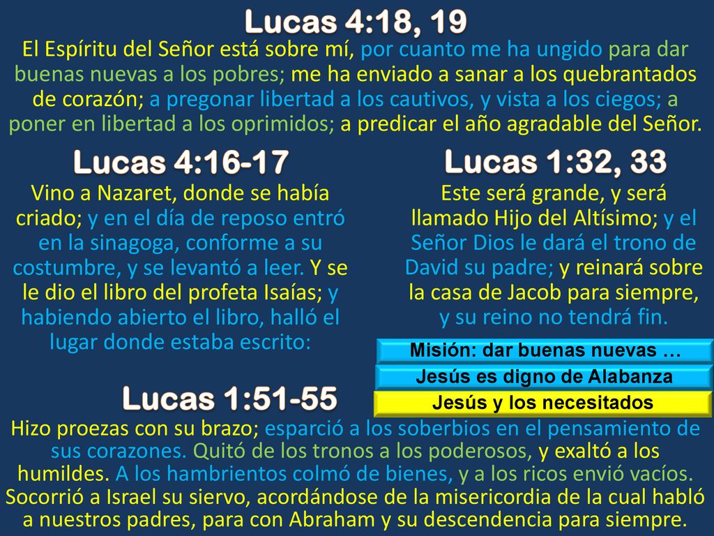 Lucas 4:18, 19 Lucas 4:16-17 Lucas 1:32, 33 Lucas 1:51-55