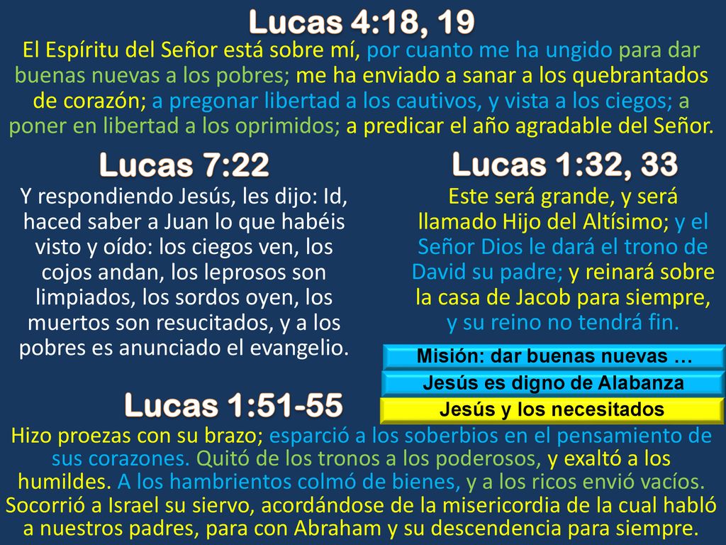 Lucas 4:18, 19 Lucas 7:22 Lucas 1:32, 33 Lucas 1:51-55
