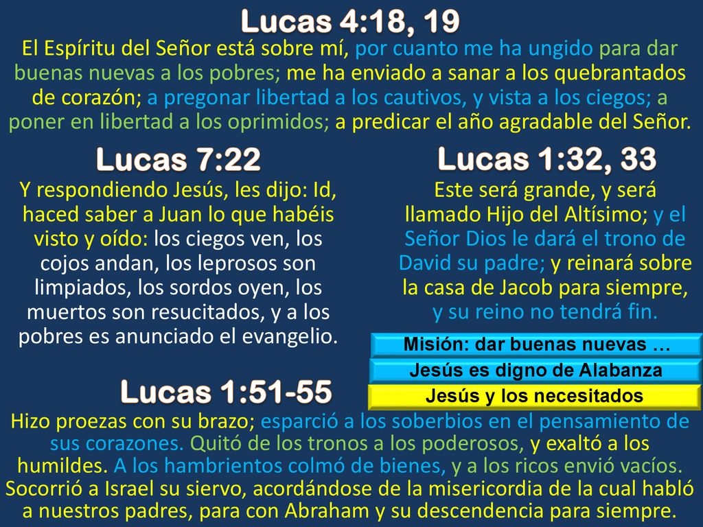 Lucas 4:18, 19 Lucas 7:22 Lucas 1:32, 33 Lucas 1:51-55