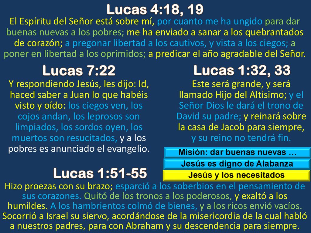 Lucas 4:18, 19 Lucas 7:22 Lucas 1:32, 33 Lucas 1:51-55