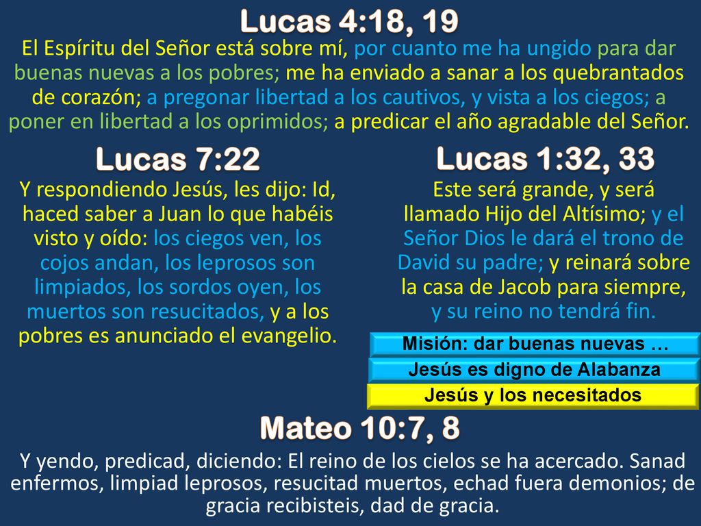 Lucas 4:18, 19 Lucas 7:22 Lucas 1:32, 33 Mateo 10:7, 8
