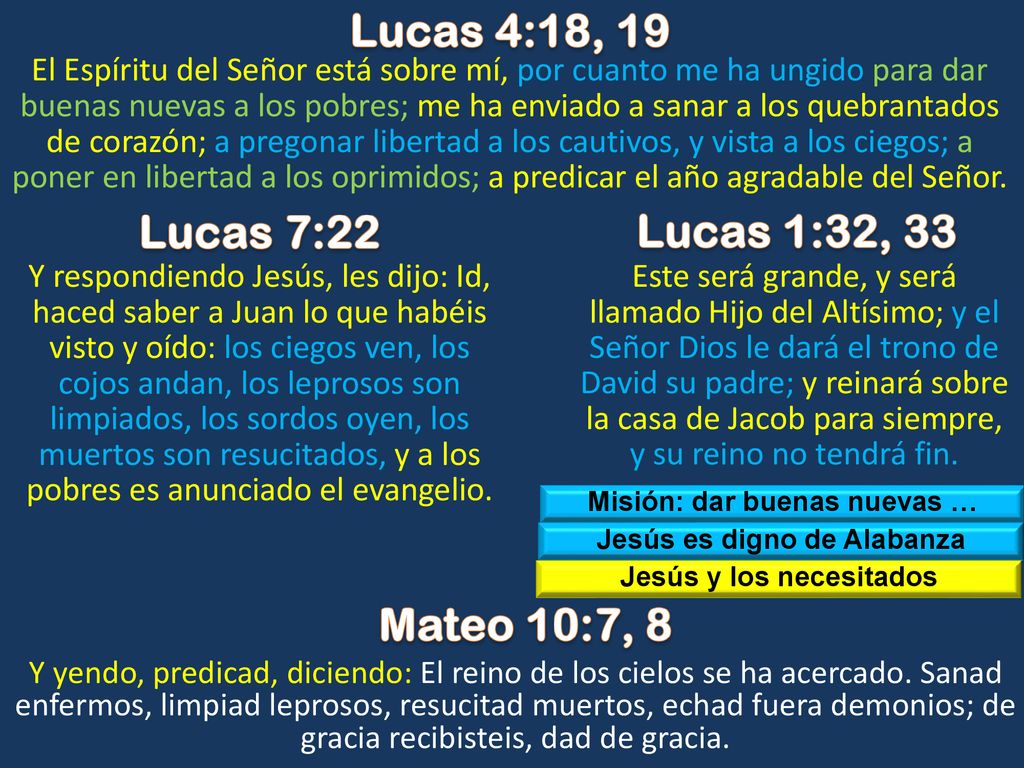 Lucas 4:18, 19 Lucas 7:22 Lucas 1:32, 33 Mateo 10:7, 8