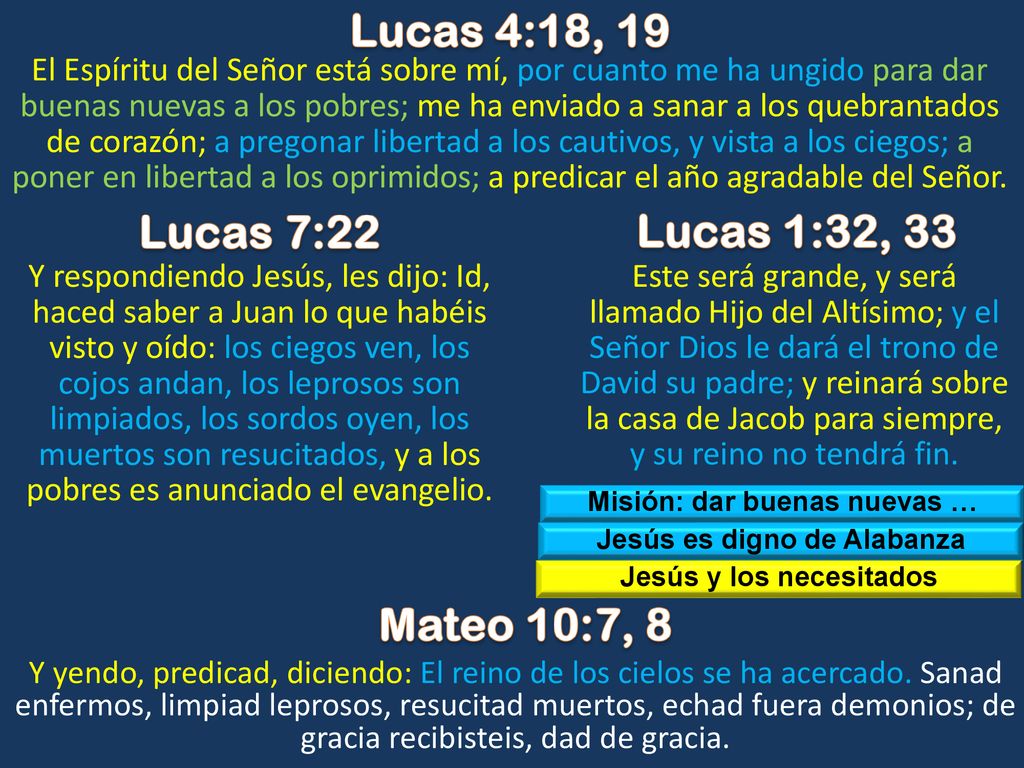 Lucas 4:18, 19 Lucas 7:22 Lucas 1:32, 33 Mateo 10:7, 8