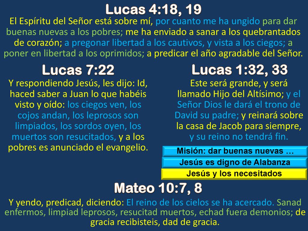 Lucas 4:18, 19 Lucas 7:22 Lucas 1:32, 33 Mateo 10:7, 8