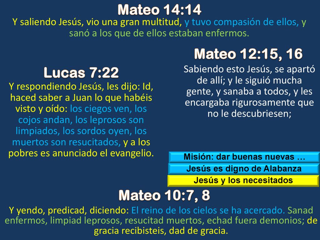 Mateo 14:14 Mateo 12:15, 16 Lucas 7:22 Mateo 10:7, 8