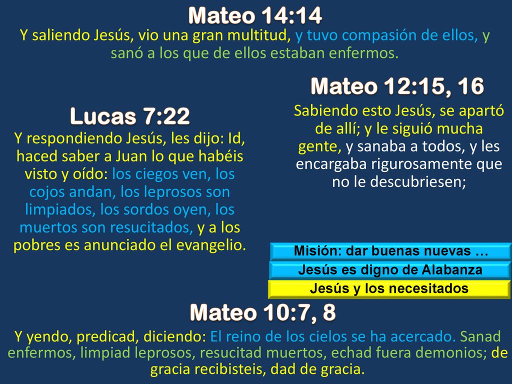 Mateo 14:14 Mateo 12:15, 16 Lucas 7:22 Mateo 10:7, 8