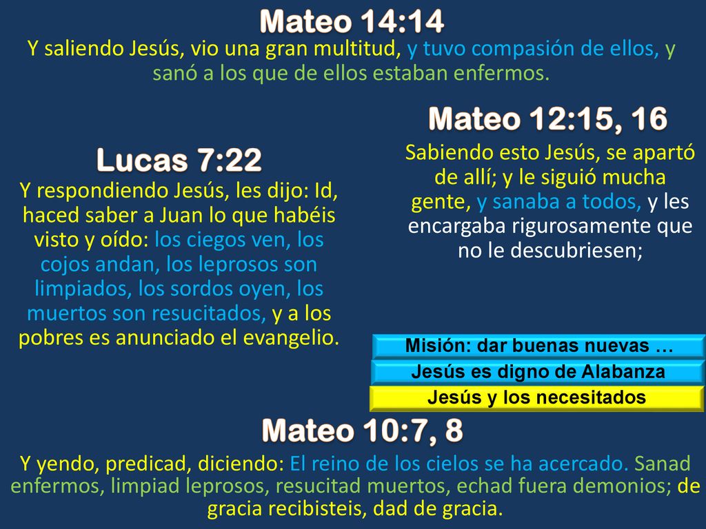 Mateo 14:14 Mateo 12:15, 16 Lucas 7:22 Mateo 10:7, 8