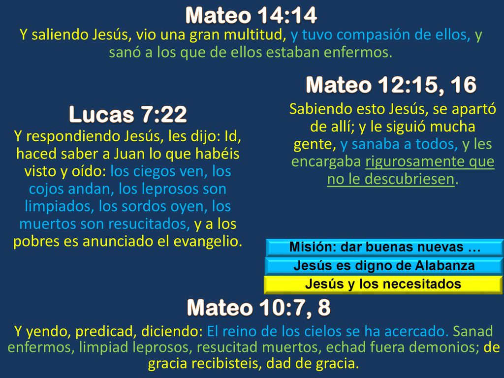 Mateo 14:14 Mateo 12:15, 16 Lucas 7:22 Mateo 10:7, 8