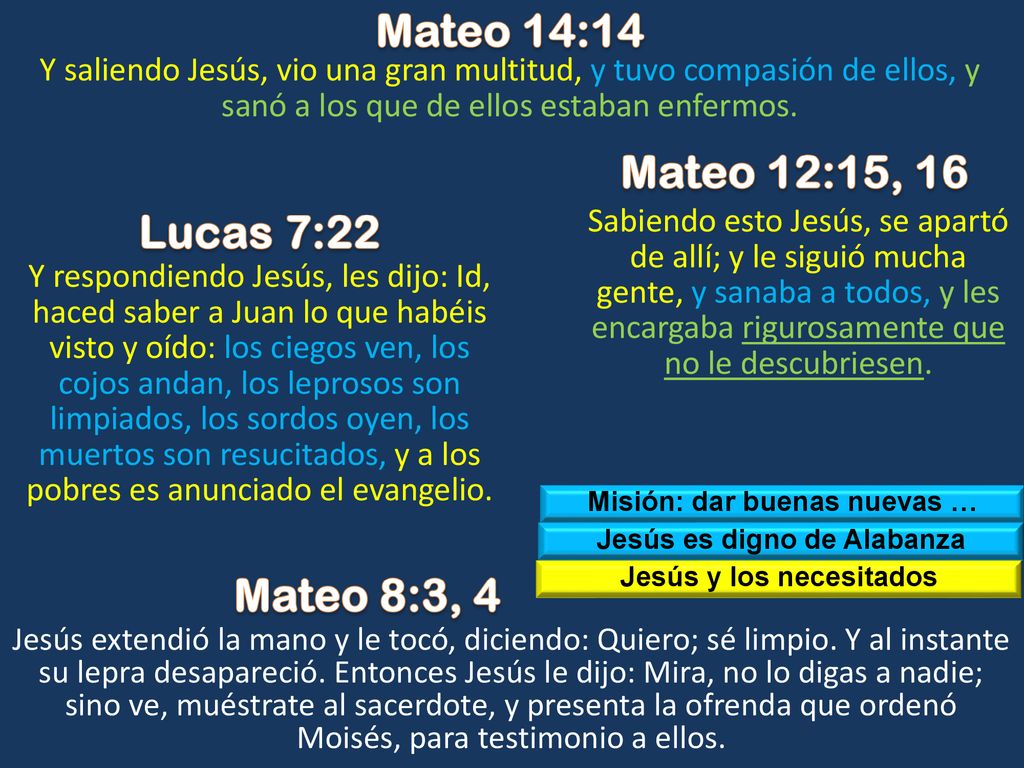 Mateo 14:14 Mateo 12:15, 16 Lucas 7:22 Mateo 8:3, 4