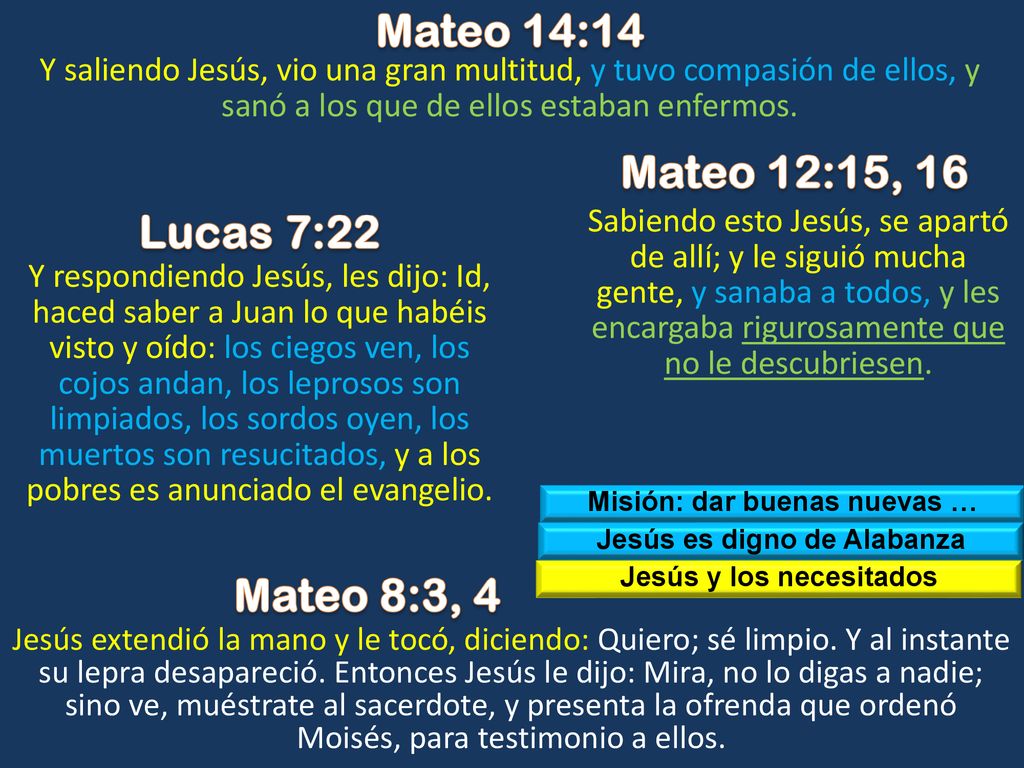Mateo 14:14 Mateo 12:15, 16 Lucas 7:22 Mateo 8:3, 4