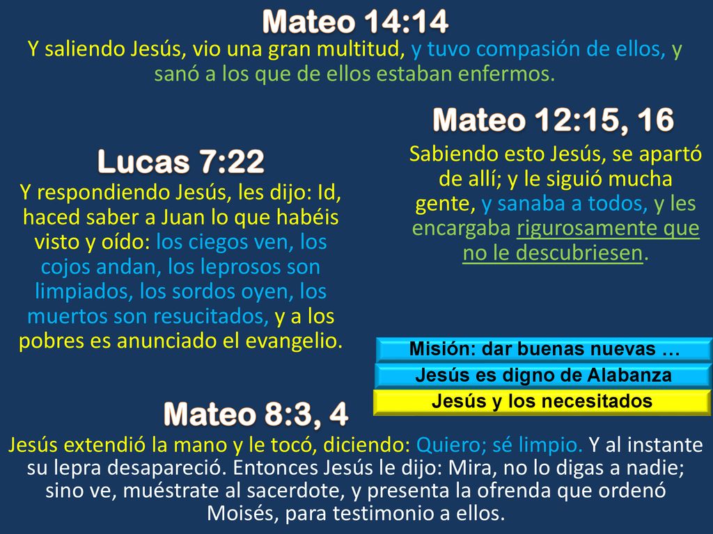 Mateo 14:14 Mateo 12:15, 16 Lucas 7:22 Mateo 8:3, 4